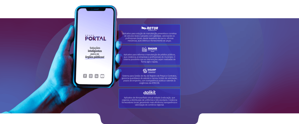 Os quatro softwares do Grupo Portal: Rotor, Raiar, Sigarp e Aplikit